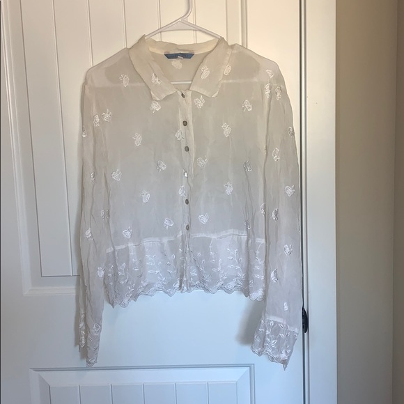 Johnny Was Tops - Johnny Was white embroidered floral print blouse.